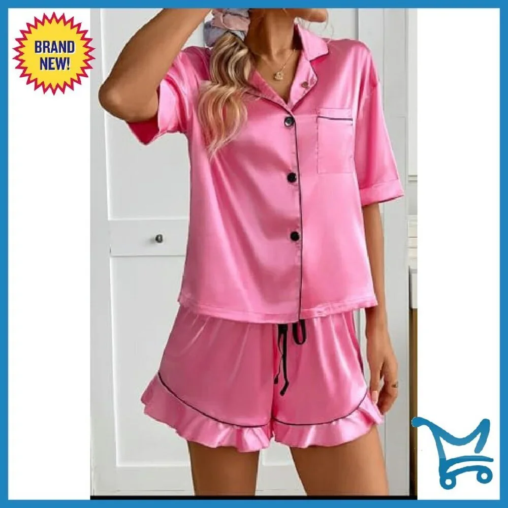 Silk Satin Pajama Set with Magnetic Diffuser, Short Sleeve & Ruffled Shorts